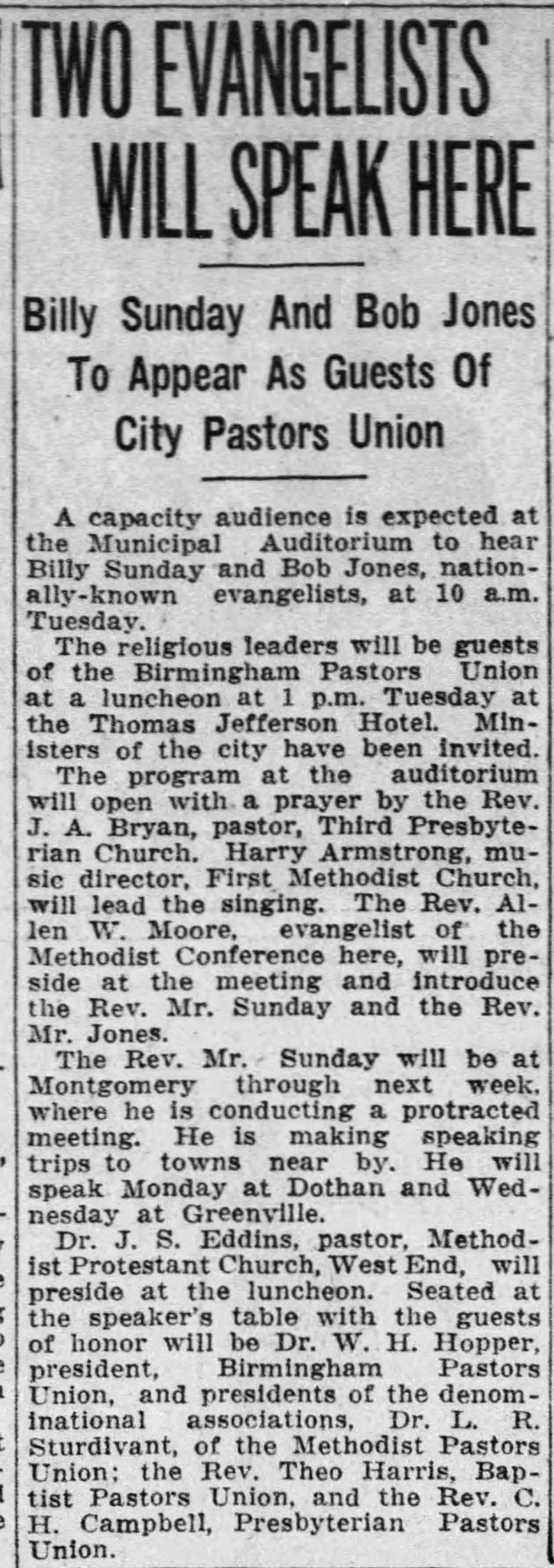 Two Evangelists To Speak Here